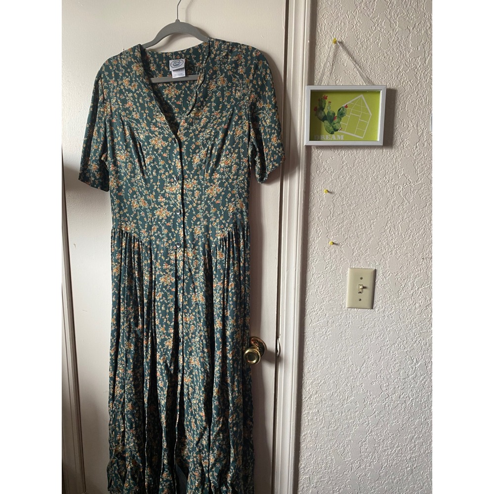 Laura Ashley Floral Print Maxi Dress Cottagecore‎ Button Front Green Size 8